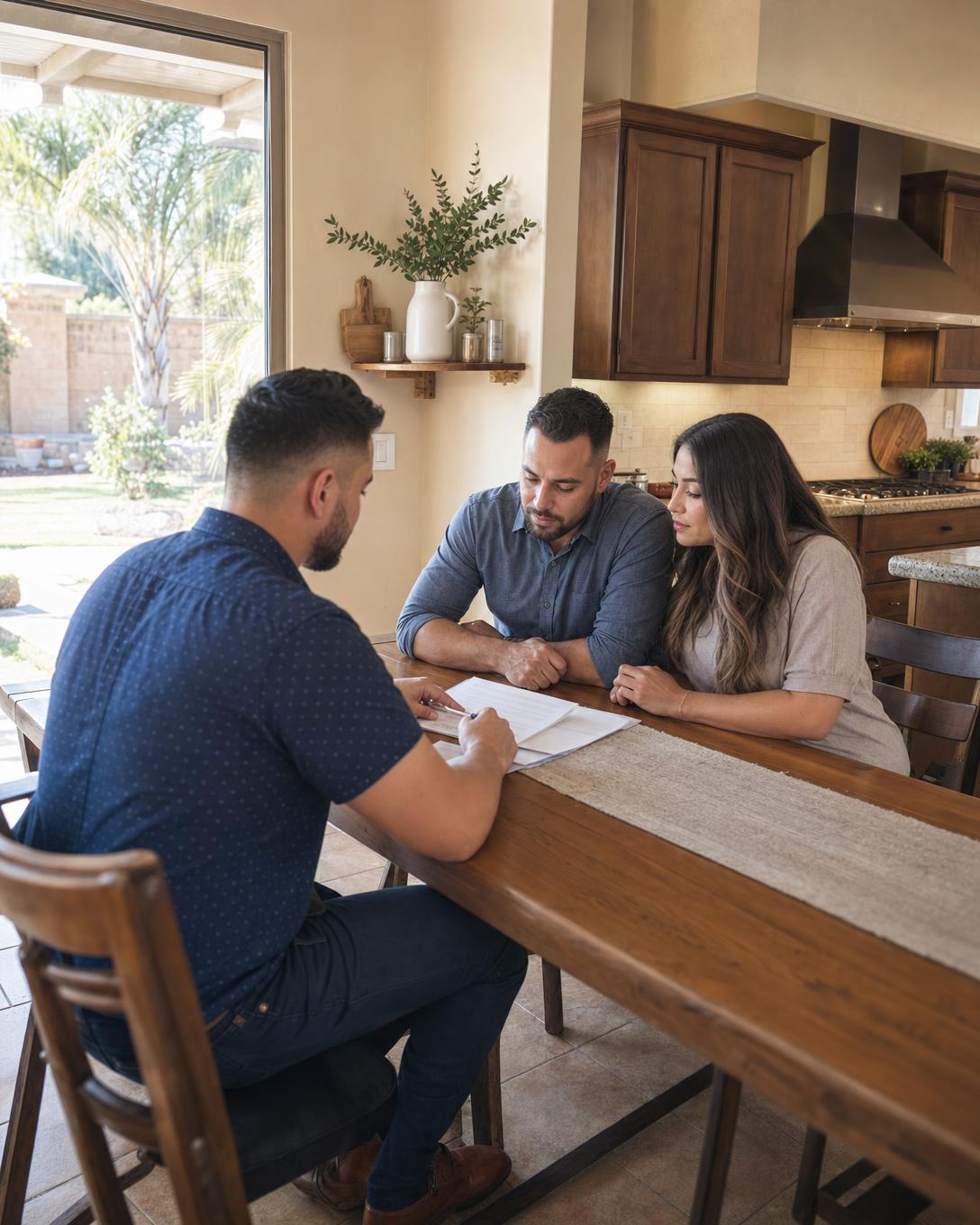 A home buyer talking through paperwork with a couple on their front porch